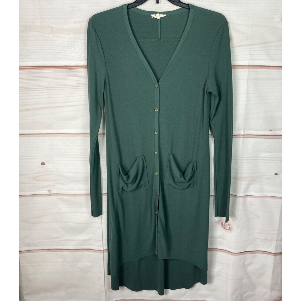 Kyemi Dress Womens L Green Ribbed Knit Midi Button Up Pockets Long Sleeve V-Neck